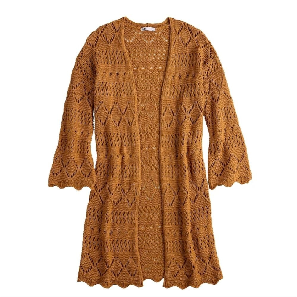 So Mustard Yellow Boho Crochet Stitch Kimono Open Cardigan Wide Sleeve M…